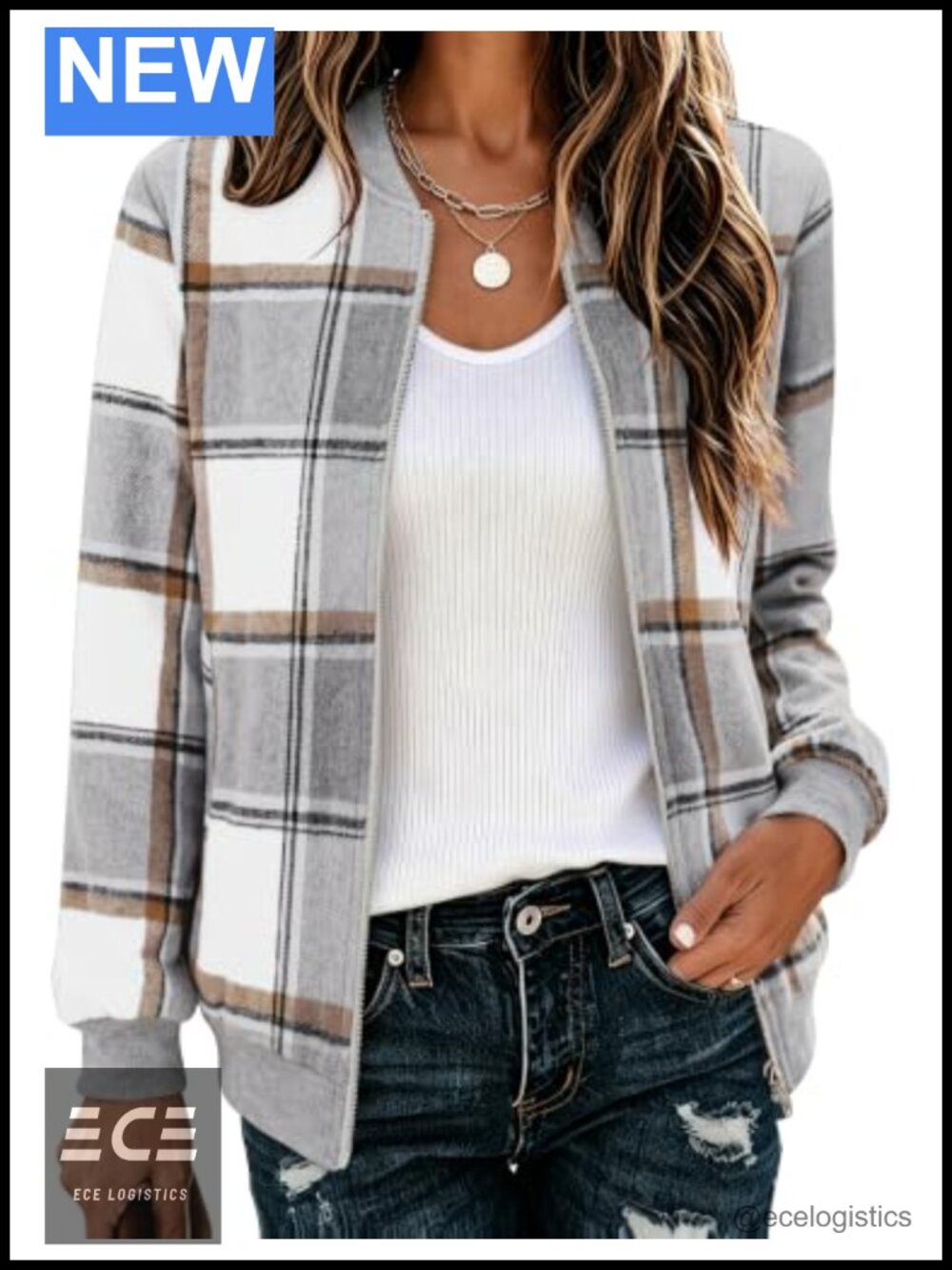 Plaid Flannel Bomber Jacket Lightweight Zip Up Fall Coat